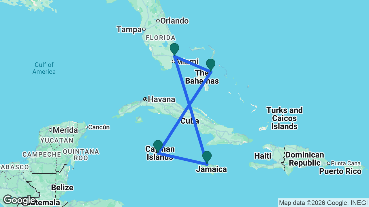 Route map: Fort Lauderdale -> Falmouth -> Grand Cayman -> Nassau -> Fort Lauderdale