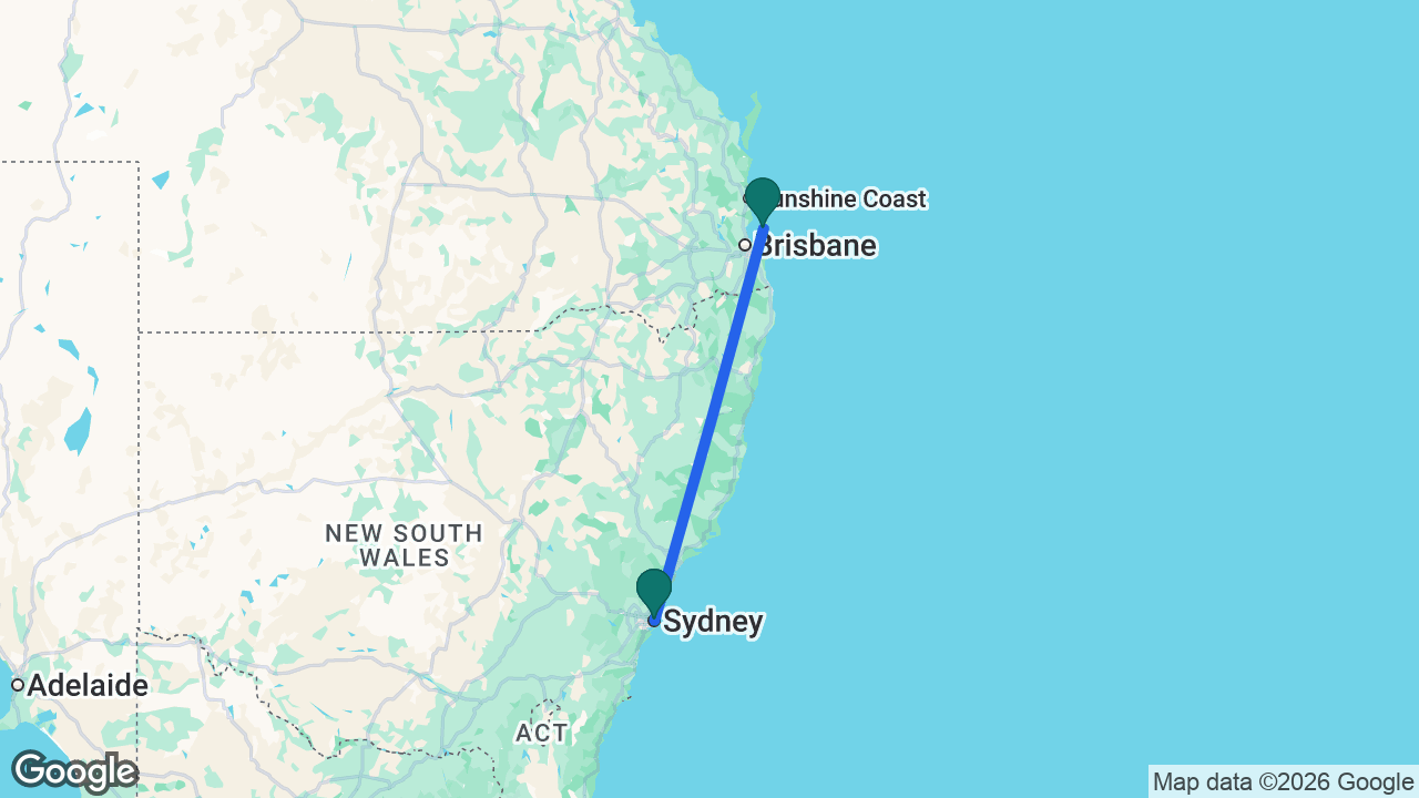 Route map: Sydney -> Tangalooma -> Sydney