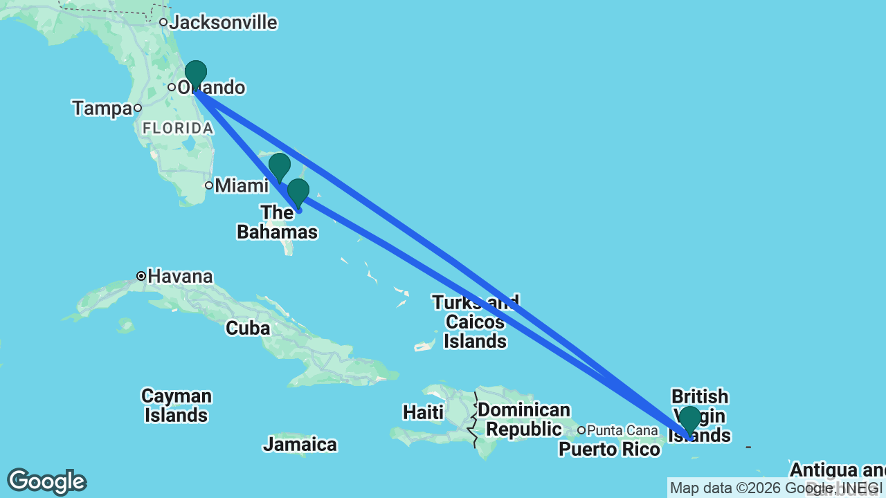 Route map: Port Canaveral -> St. Thomas -> CocoCay -> Nassau -> Port Canaveral
