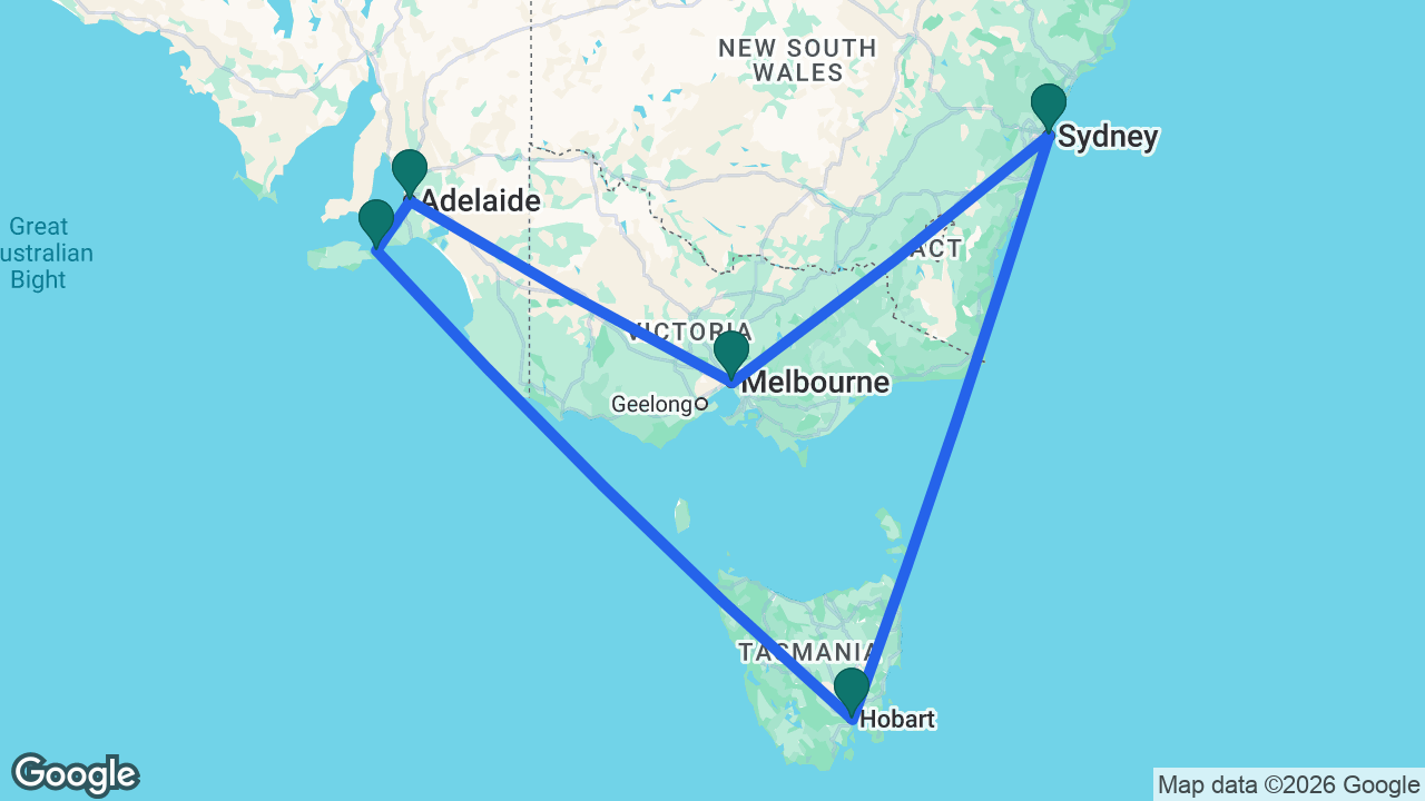 Route map: Sydney -> Hobart -> Kangaroo Island -> Adelaide -> Melbourne -> Sydney