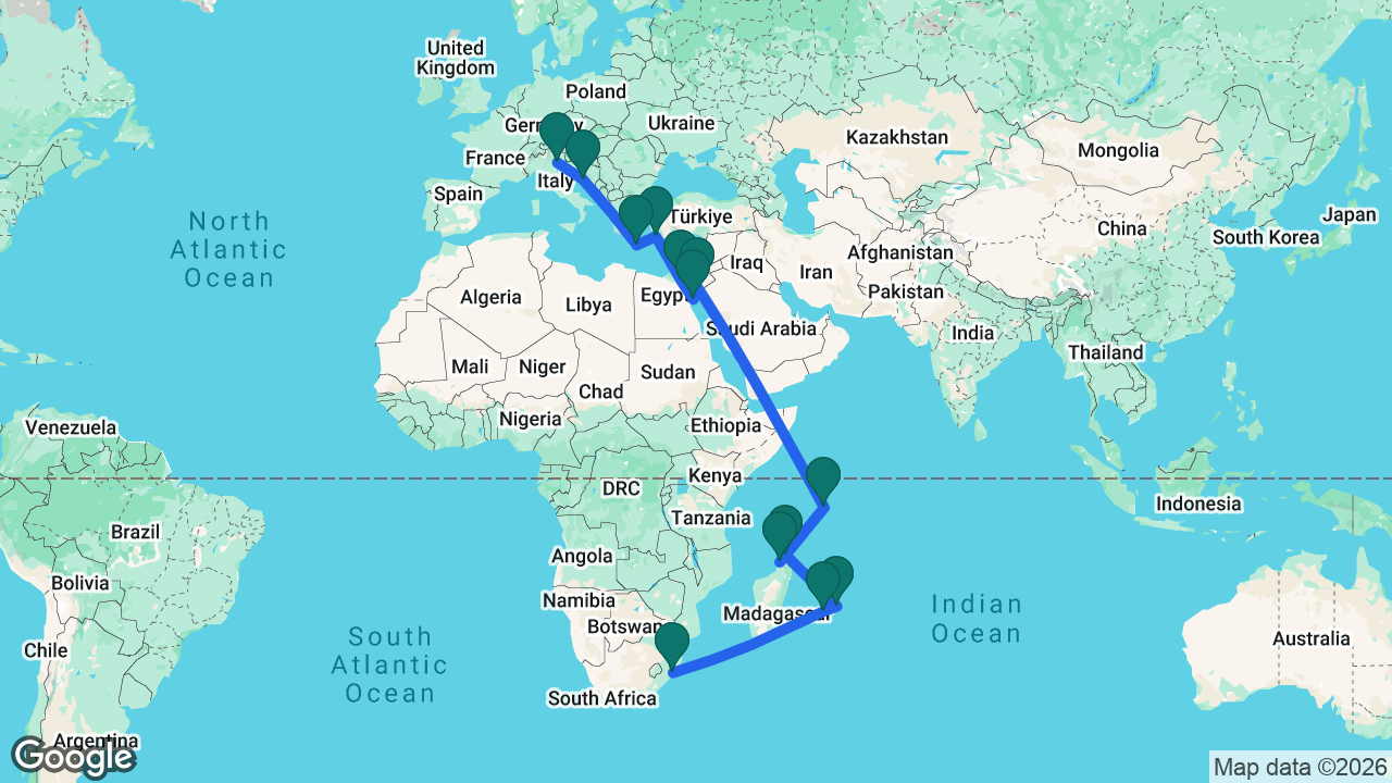 Route map: Durban -> Réunion (Le Port) -> Port Louis -> Antsiranana -> Nosy Be -> Port Victoria -> Petra -> Sharm el Sheikh -> Suez Canal -> Rhodes -> Heraklion -> Split -> Venice