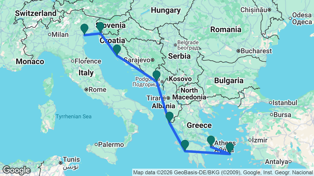 Route map: Athens -> Mykonos -> Katakolon -> Corfu -> Kotor -> Zadar -> Koper -> Venice