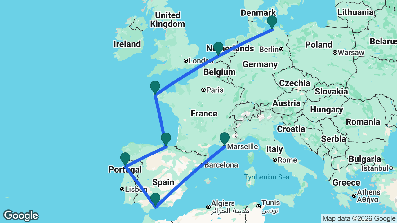 Route map: Berlin -> Rotterdam -> Brest -> Bilbao -> Porto -> Málaga -> Marseille