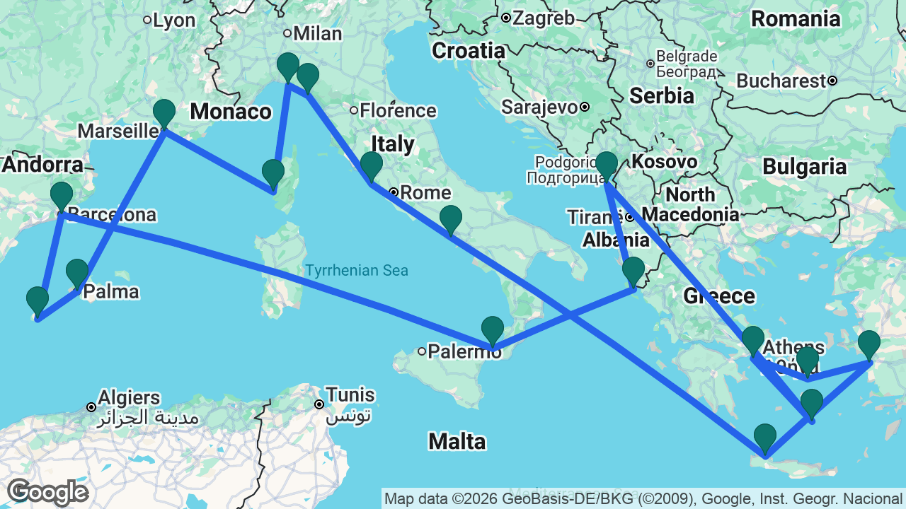 Route map: Rome -> Naples -> Chania -> Ephesus -> Mykonos -> Athens -> Santorini -> Bar -> Corfu -> Messina -> Barcelona -> Ibiza -> Mallorca -> Marseille -> Ajaccio -> Santa Margherita -> La Spezia -> Rome