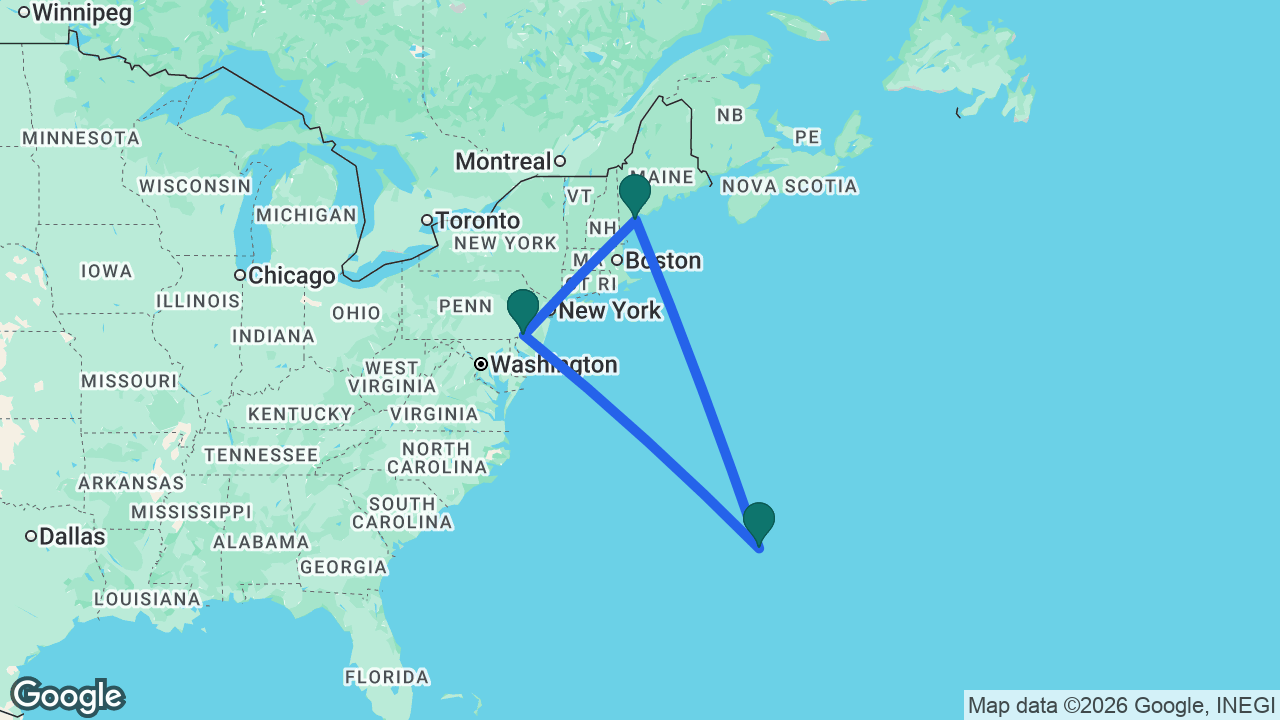 Route map: Philadelphia -> Bermuda -> Portland -> Philadelphia