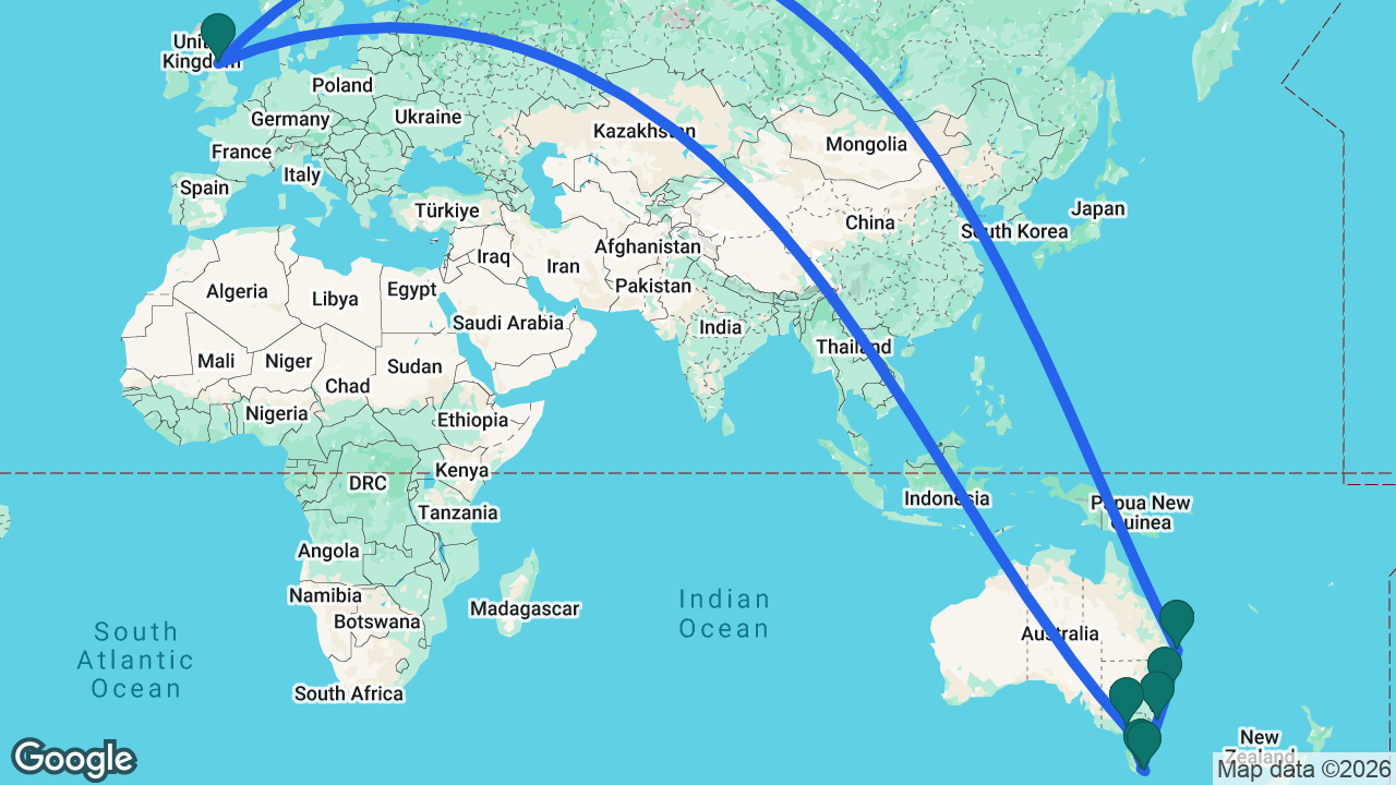 Route map: Brisbane -> Sydney -> Eden -> Hobart -> Port Arthur -> Melbourne -> Newcastle -> Brisbane