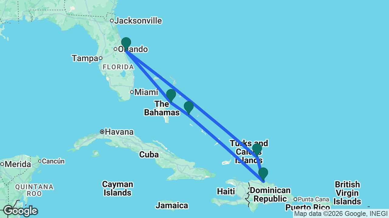 Route map: Port Canaveral -> Nassau -> Princess Cays -> Amber Cove -> Grand Turk -> Port Canaveral