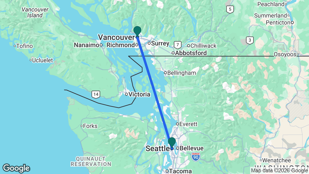 Route map: Seattle -> Vancouver