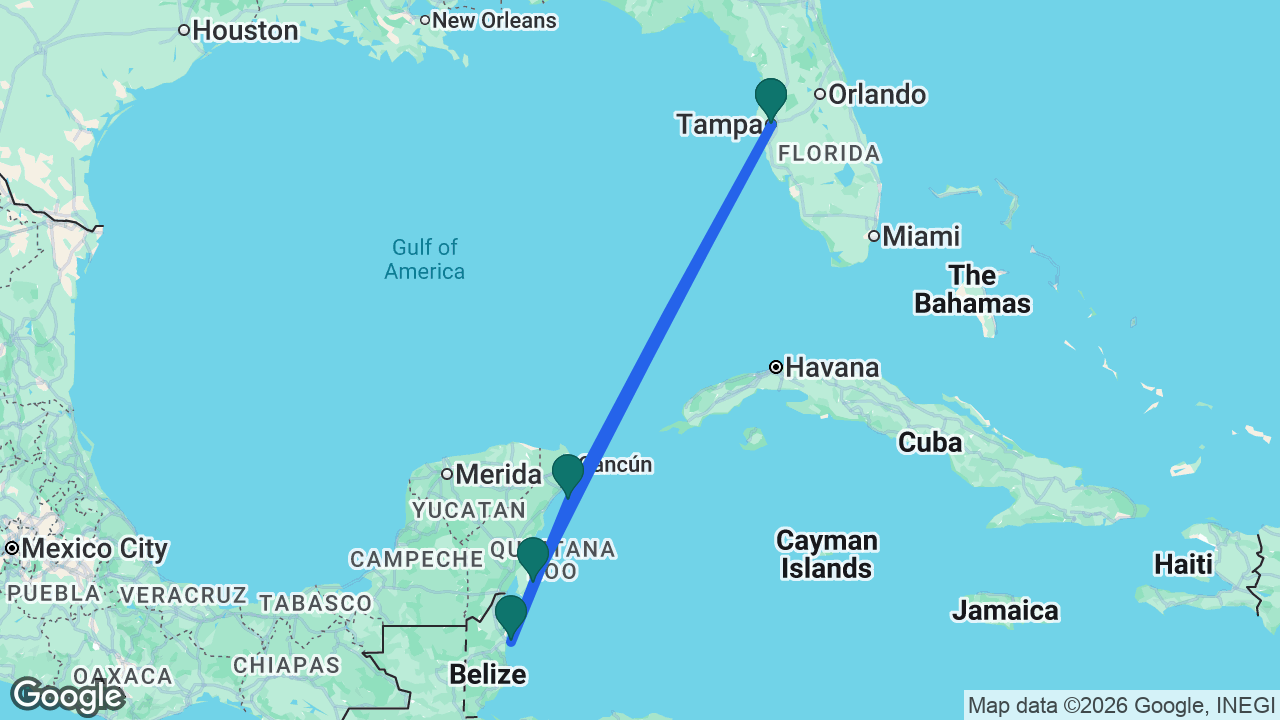 Route map: Tampa -> Cozumel -> Belize City -> Costa Maya -> Tampa