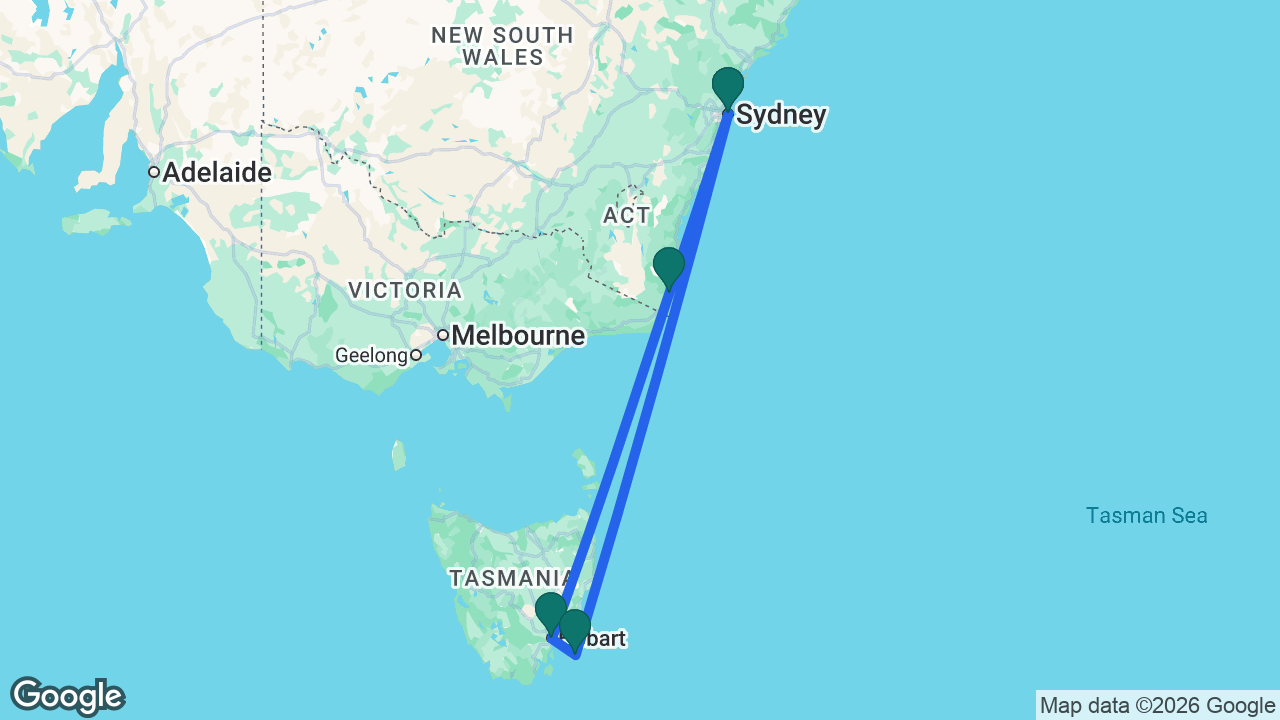 Route map: Sydney -> Eden -> Hobart -> Port Arthur -> Sydney