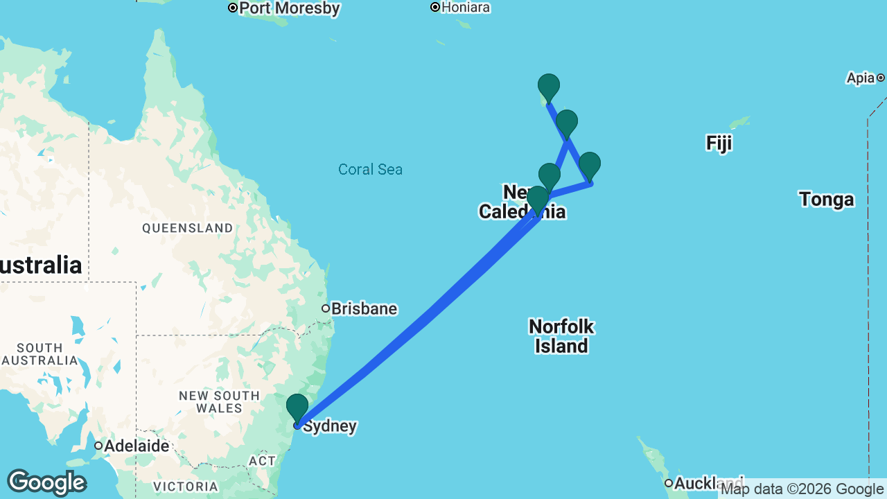 Route map: Sydney -> Lifou -> Mystery Island -> Santo -> Port Vila -> Nouméa -> Sydney