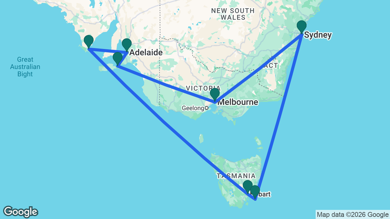 Route map: Sydney -> Melbourne -> Kangaroo Island -> Adelaide -> Port Lincoln -> Hobart -> Port Arthur -> Sydney