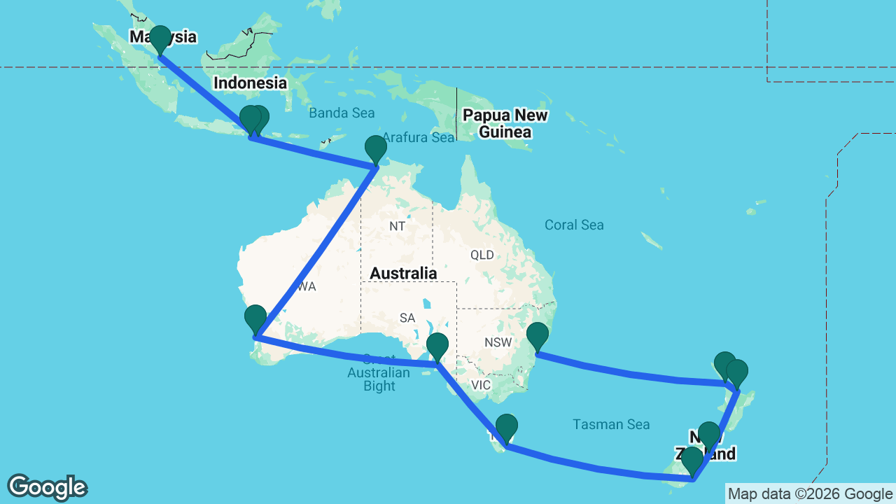 Route map: Sydney -> Auckland -> Tauranga -> Christchurch -> Dunedin -> Hobart -> Adelaide -> Perth -> Darwin -> Bali -> Lembar -> Singapore