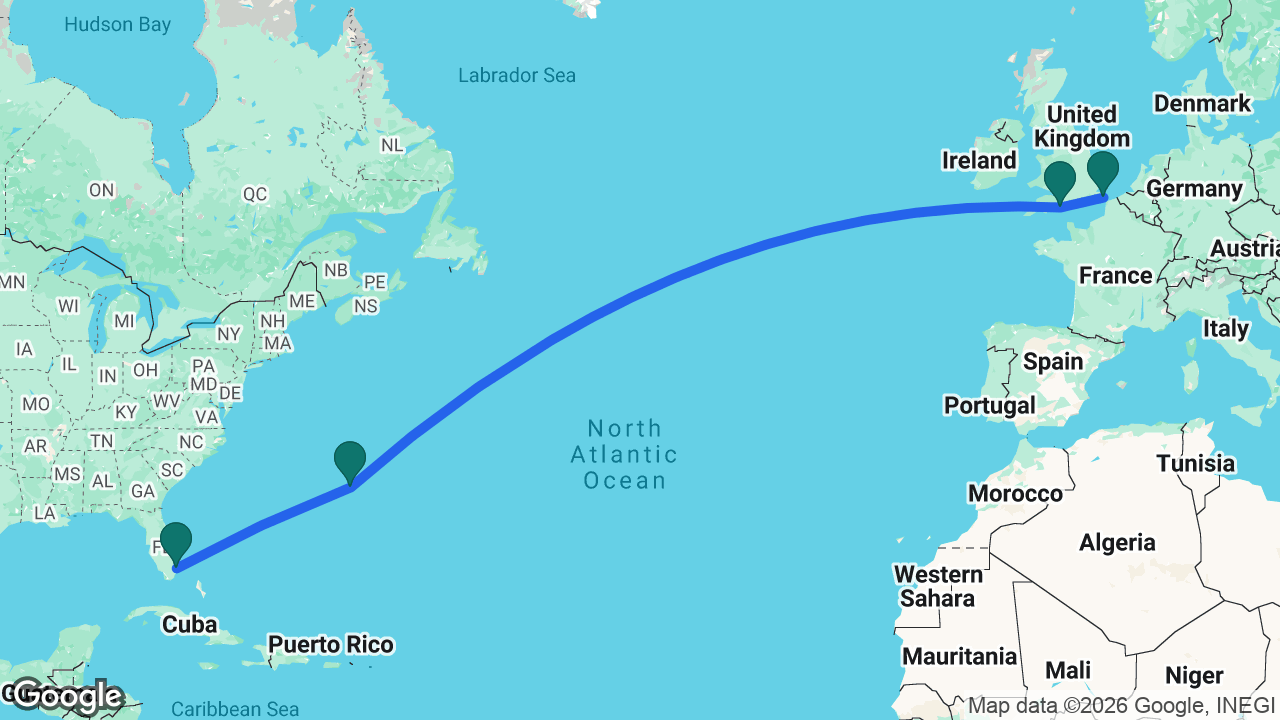 Route map: Fort Lauderdale -> Bermuda -> Portland -> Dover