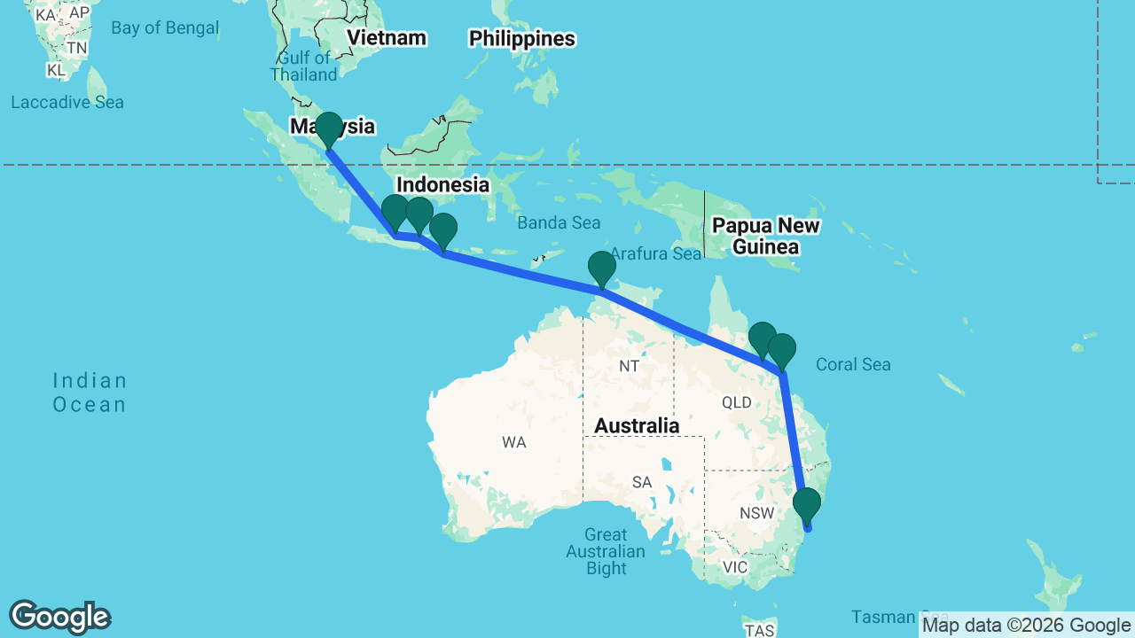 Route map: Sydney -> Airlie Beach -> Townsville -> Darwin -> Bali -> Surabaya -> Semarang -> Singapore
