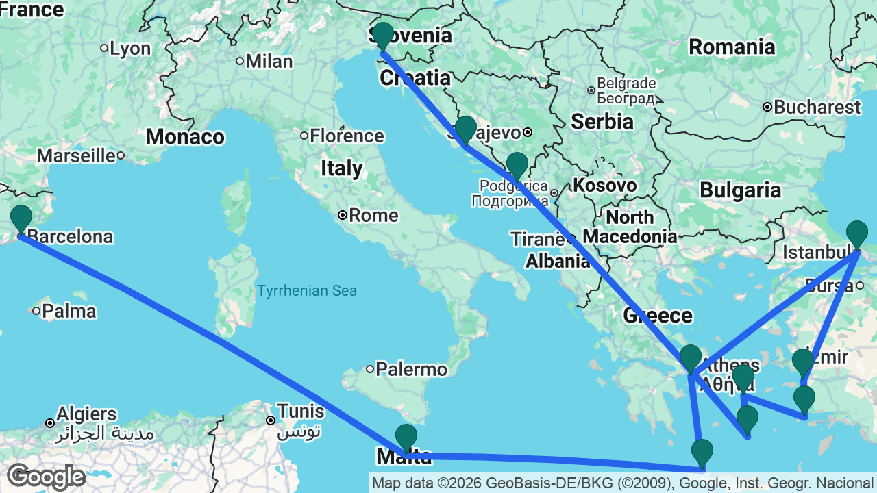Route map: Trieste -> Split -> Dubrovnik -> Santorini -> Mykonos -> Kos -> Ephesus -> Istanbul -> Athens -> Chania -> Valletta -> Barcelona