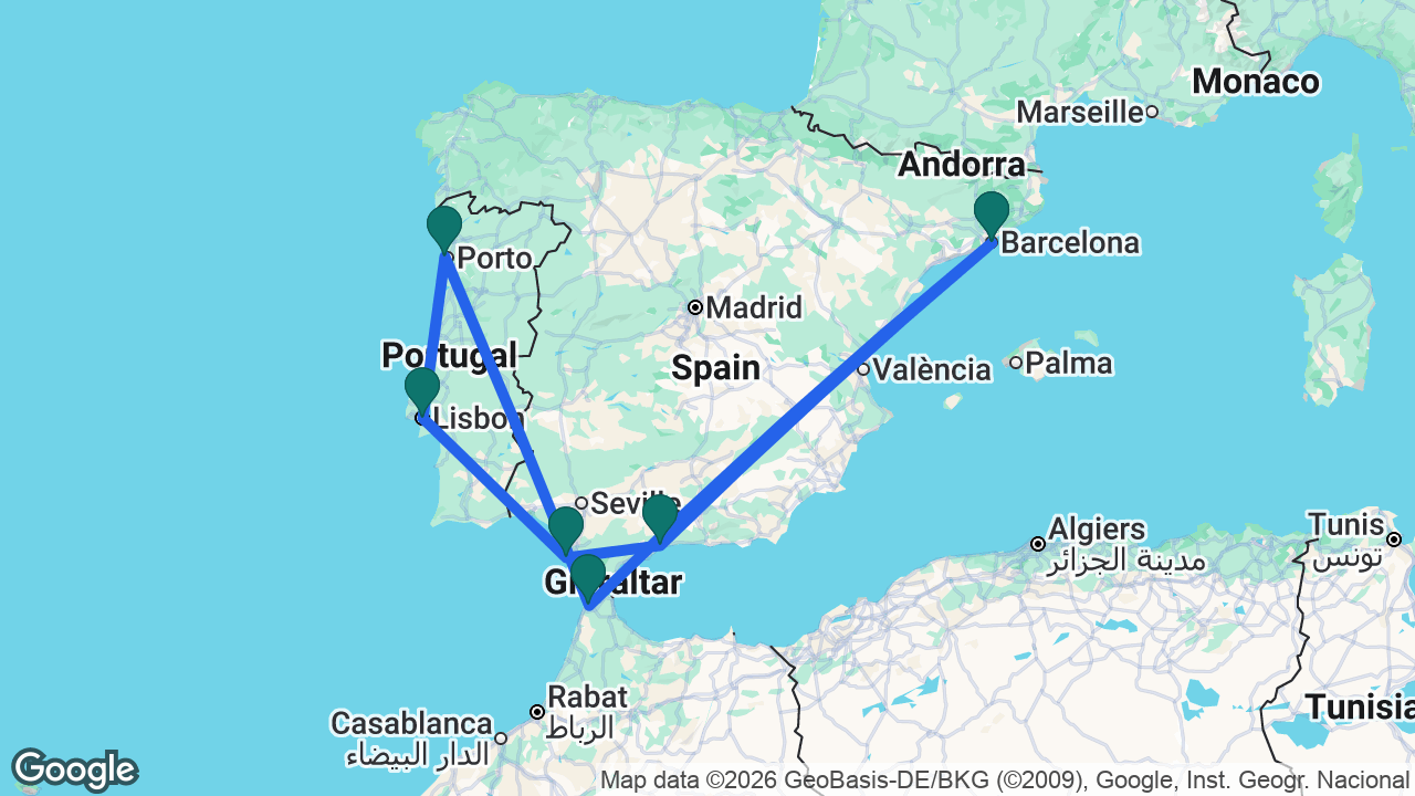Route map: Barcelona -> Tangier -> Porto -> Lisbon -> Cádiz -> Málaga -> Barcelona