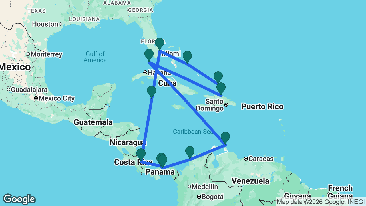 Route map: Fort Lauderdale -> Half Moon Cay -> Grand Turk -> Amber Cove -> Key West -> Aruba -> Cartagena -> Panama Canal -> Gatún Lake -> Colón -> Limón -> Grand Cayman -> Fort Lauderdale