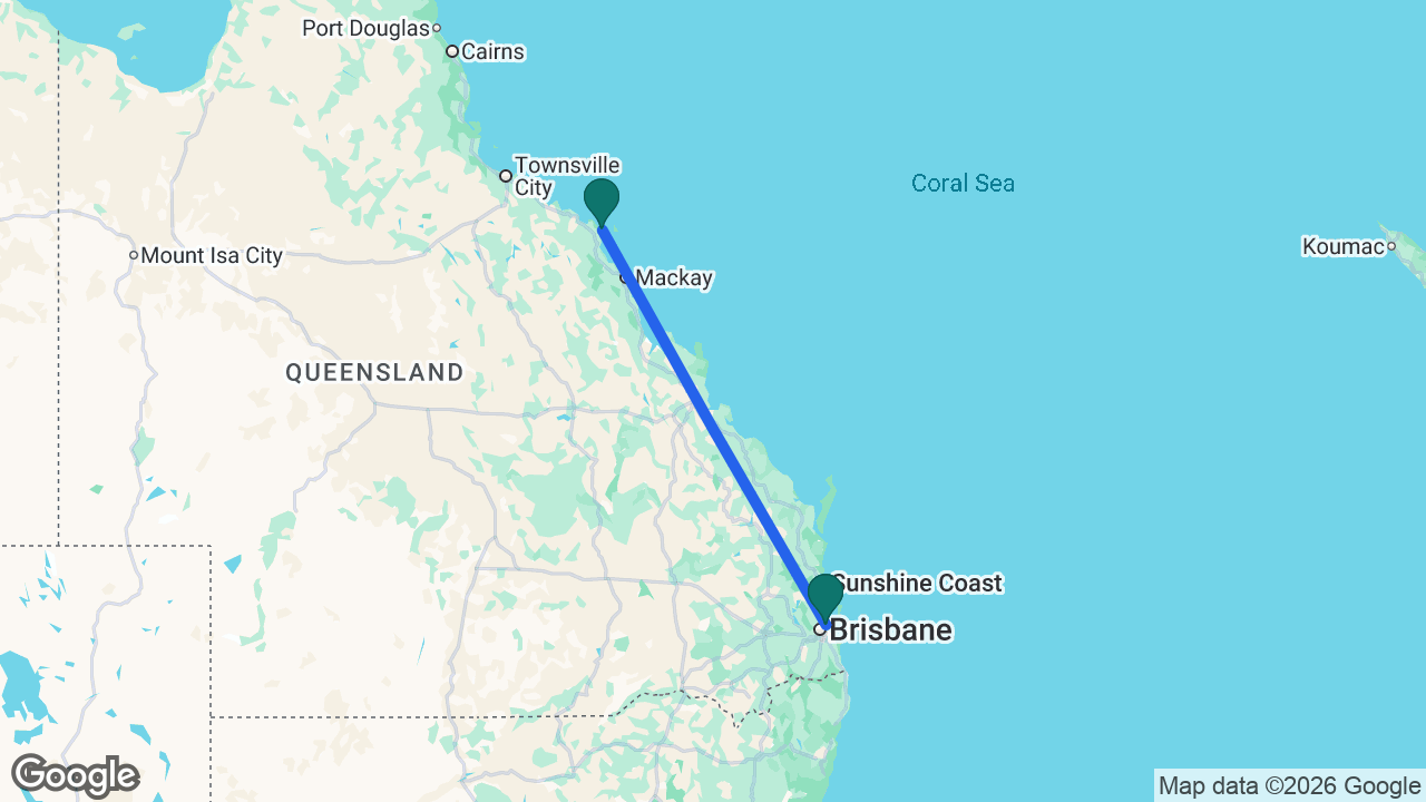 Route map: Brisbane -> Airlie Beach -> Brisbane