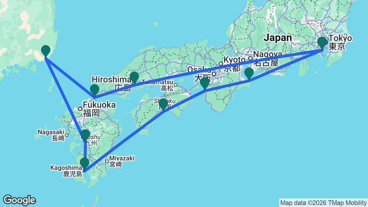Route map: Tokyo -> Toba -> Wakayama -> Kochi -> Kagoshima -> Yatsushiro -> Busan -> Kanmon Strait -> Hiroshima -> Tokyo