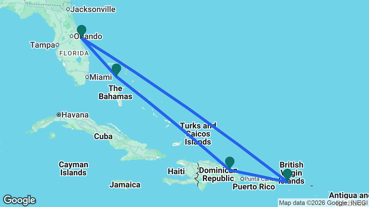 Route map: Port Canaveral -> CocoCay -> Samaná -> St. Thomas -> Port Canaveral