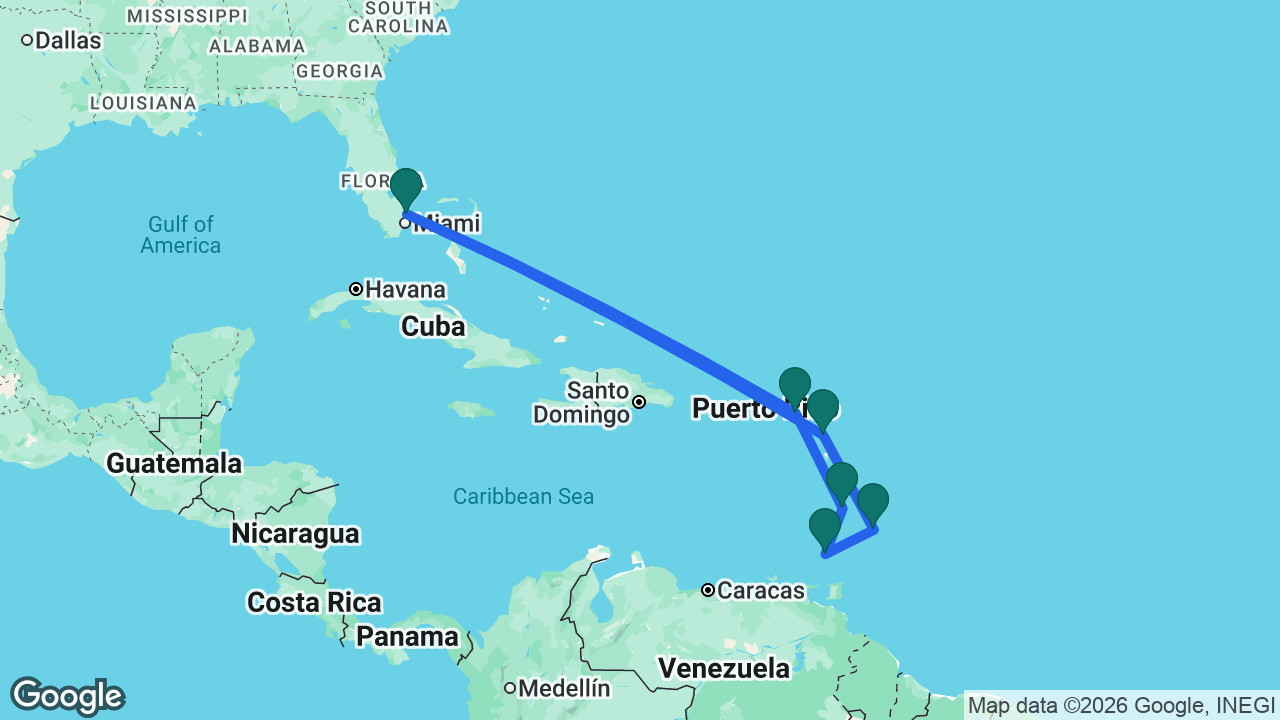 Route map: Fort Lauderdale -> St. Maarten -> St. Lucia -> Grenada -> Barbados -> Antigua -> Fort Lauderdale