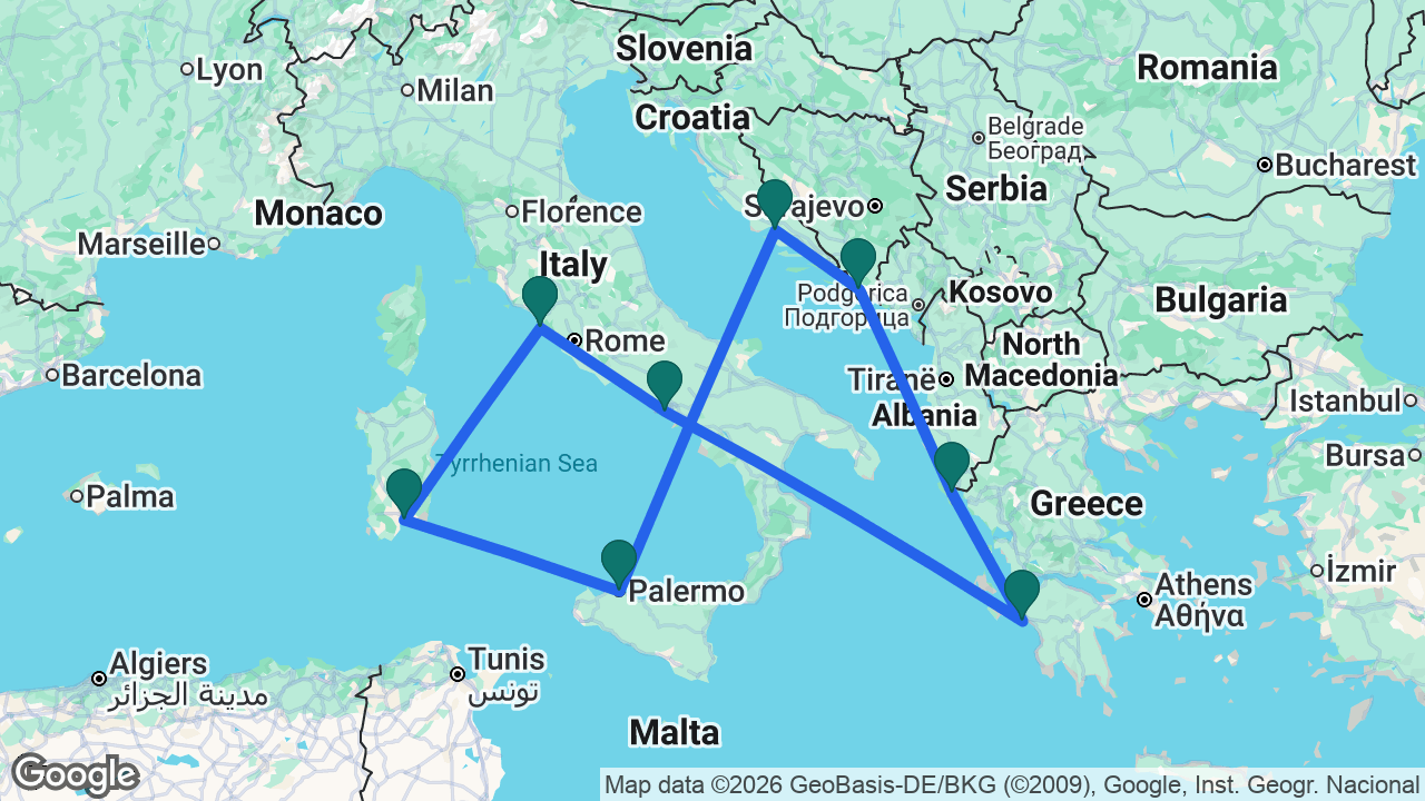 Route map: Rome -> Cagliari -> Palermo -> Split -> Dubrovnik -> Corfu -> Katakolon -> Naples -> Rome