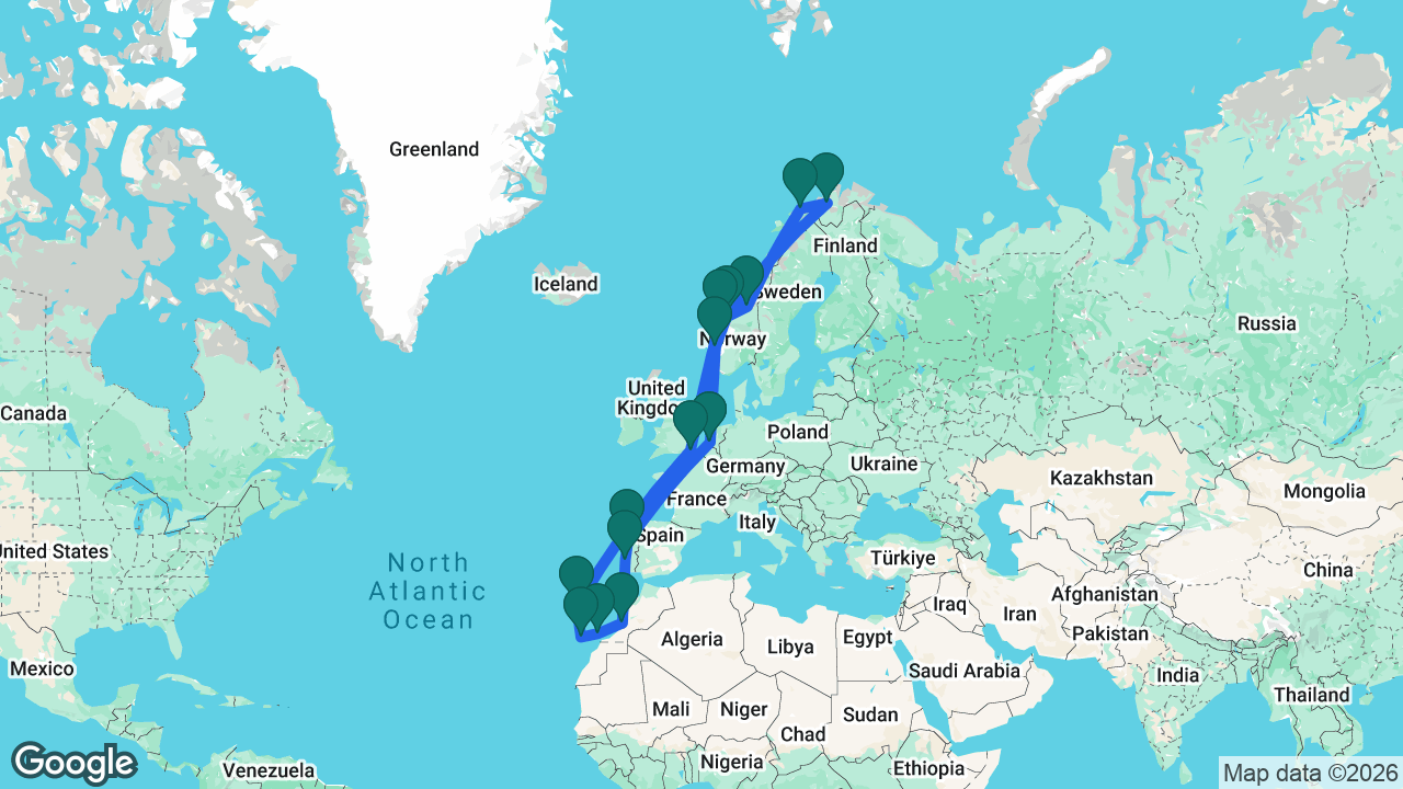 Route map: Rotterdam -> Porto -> Lisbon -> Agadir -> Lanzarote -> Tenerife -> Madeira -> Dover -> Ålesund -> Trondheim -> Tromsø -> Alta -> Molde -> Bergen -> Rotterdam