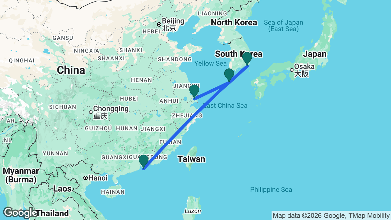 Route map: Shanghai -> Jeju -> Busan -> Hong Kong