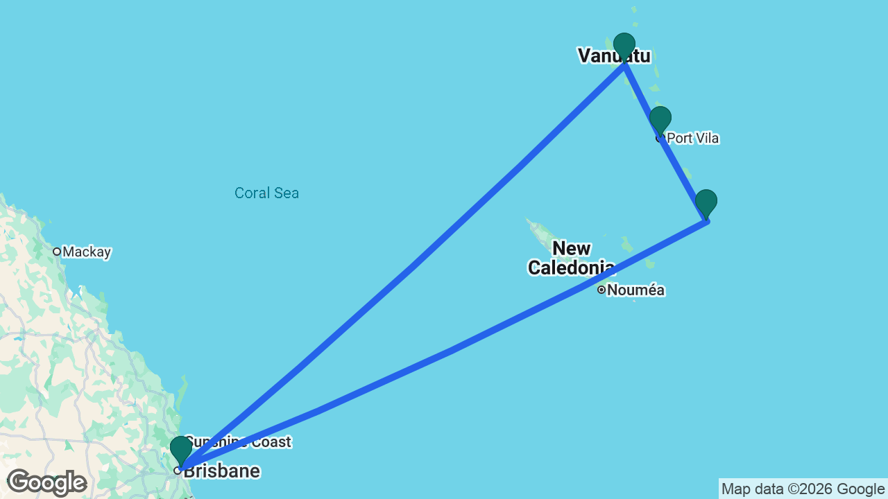 Route map: Brisbane -> Mystery Island -> Port Vila -> Santo -> Brisbane