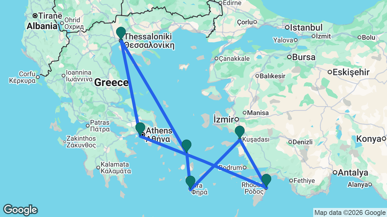 Route map: Athens -> Rhodes -> Ephesus -> Santorini -> Mykonos -> Thessaloniki -> Athens