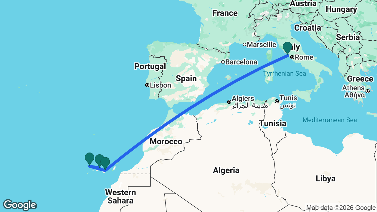 Route map: Rome -> Gran Canaria -> La Palma -> Tenerife