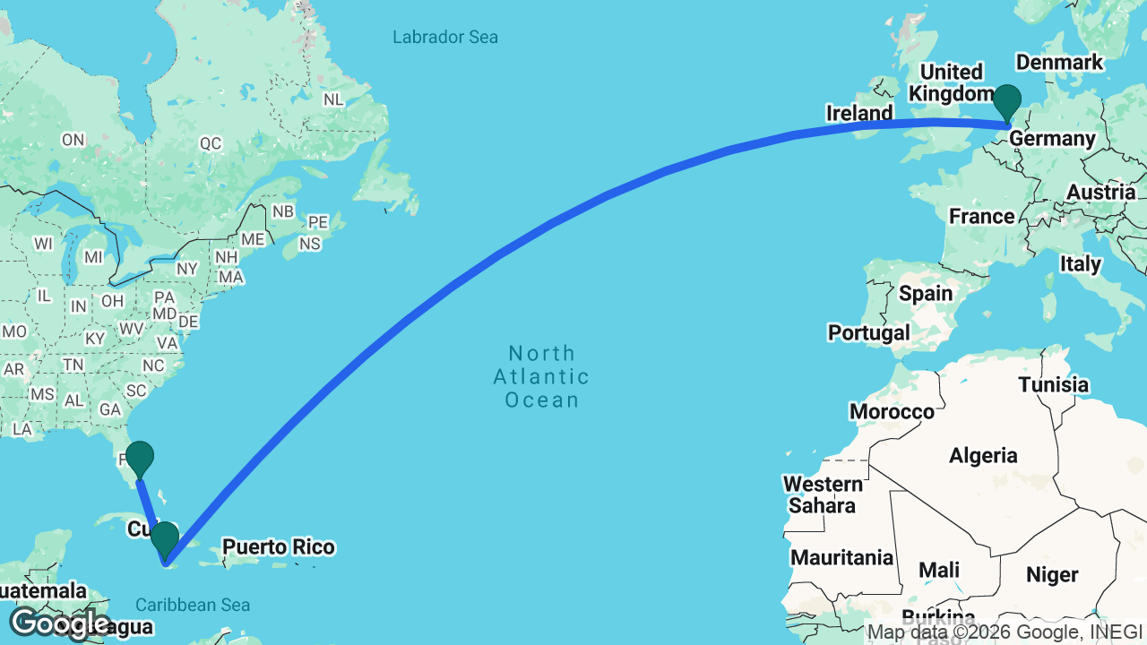 Route map: Miami -> Falmouth -> Amsterdam