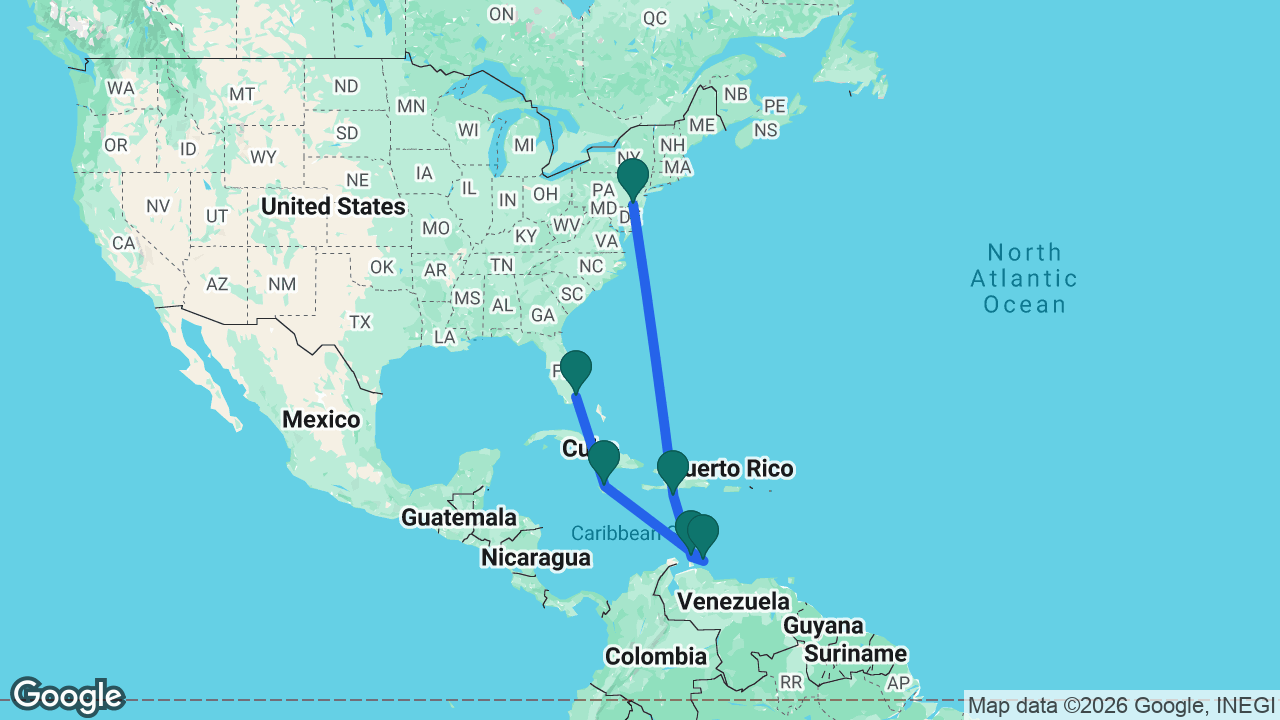Route map: Miami -> Falmouth -> Curaçao -> Aruba -> Cabo Rojo -> Philadelphia