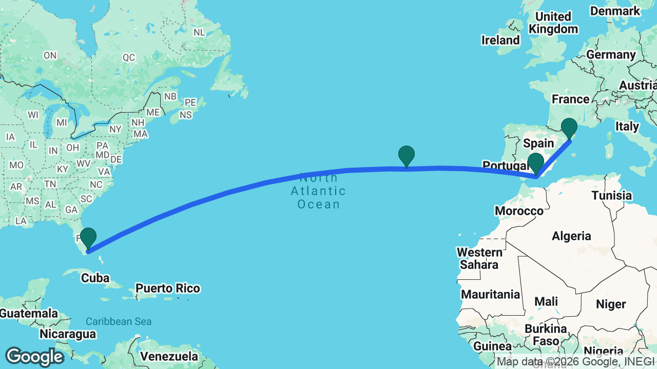 Route map: Miami -> Azores -> Motril -> Barcelona