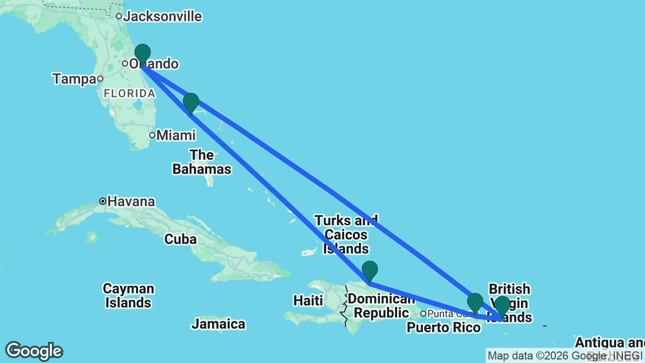 Route map: Port Canaveral -> St. Thomas -> San Juan -> Amber Cove -> Celebration Key -> Port Canaveral