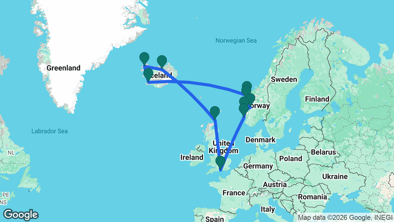 Route map: Southampton -> Haugesund -> Nordfjordeid -> Flåm -> Bergen -> Ålesund -> Reykjavik -> Isafjordur -> Akureyri -> Kirkwall -> Southampton