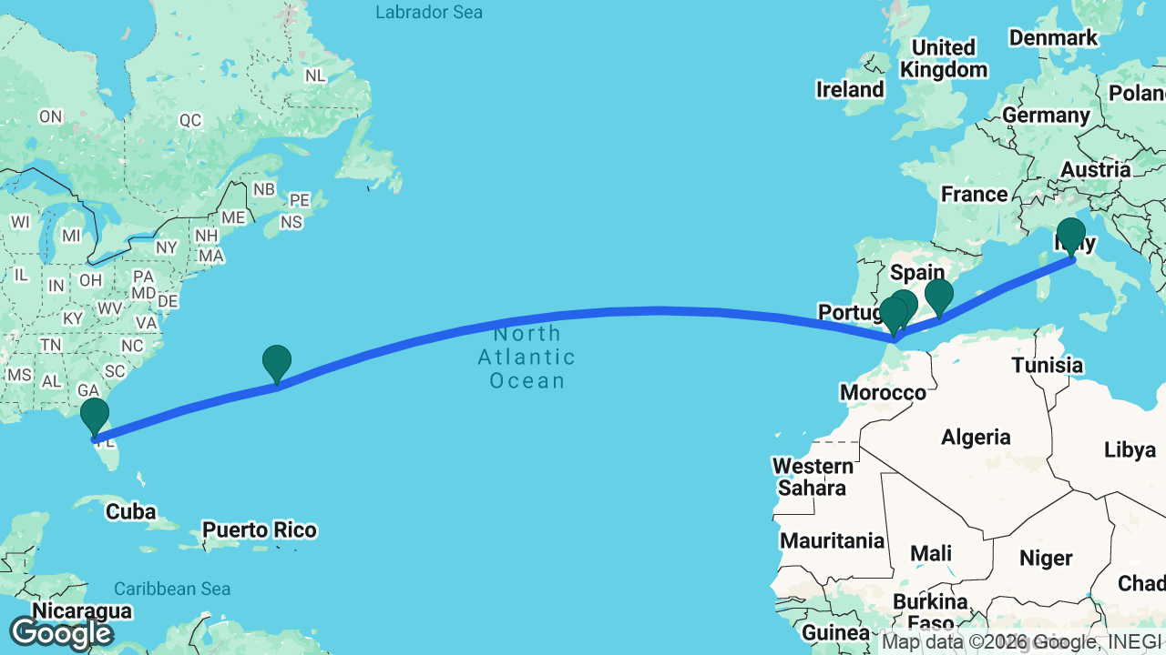 Route map: Rome -> Cartagena -> Málaga -> Gibraltar -> Bermuda -> Tampa