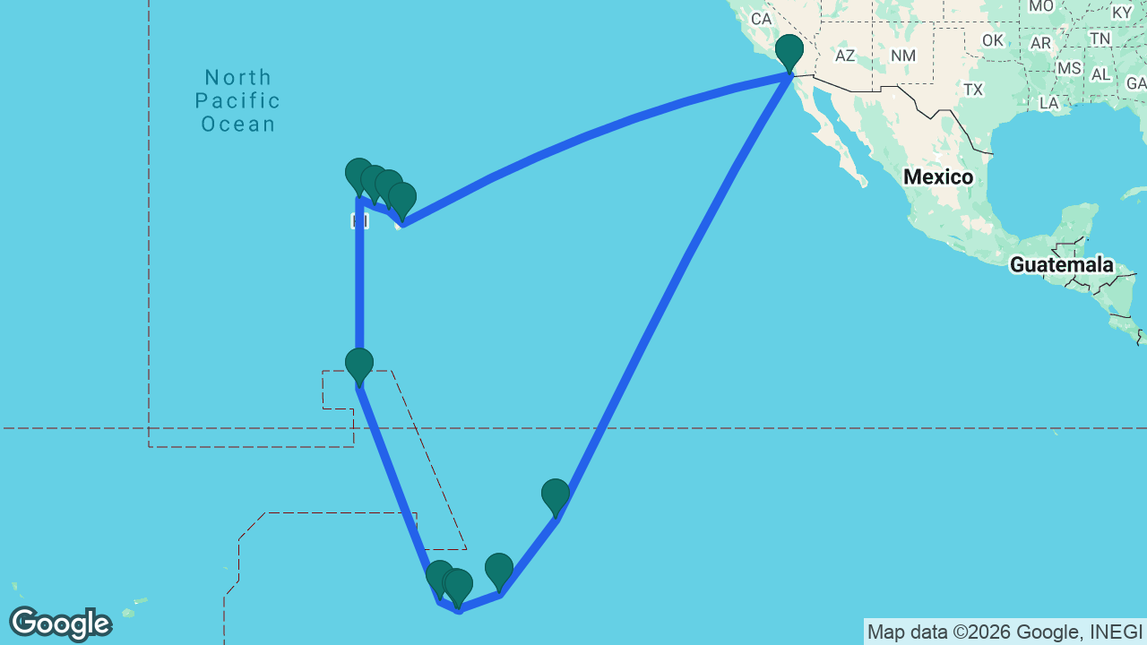 Route map: San Diego -> Hilo -> Maui -> Honolulu -> Kauai -> Tabuaeran -> Raiatea -> Tahiti -> Moorea -> Fakarava -> Nuku Hiva -> San Diego