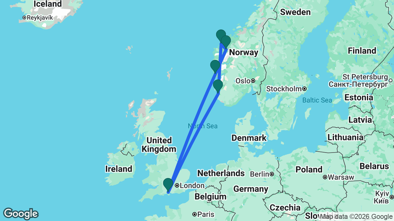 Route map: Southampton -> Bergen -> Hellesylt -> Ålesund -> Stavanger -> Southampton