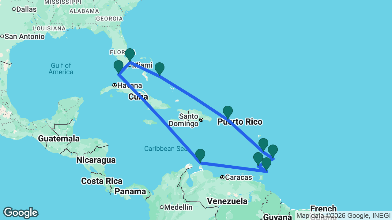 Route map: Fort Lauderdale -> Key West -> Aruba -> Charlotteville -> Grenada -> Barbados -> St. Lucia -> San Juan -> Half Moon Cay -> Fort Lauderdale