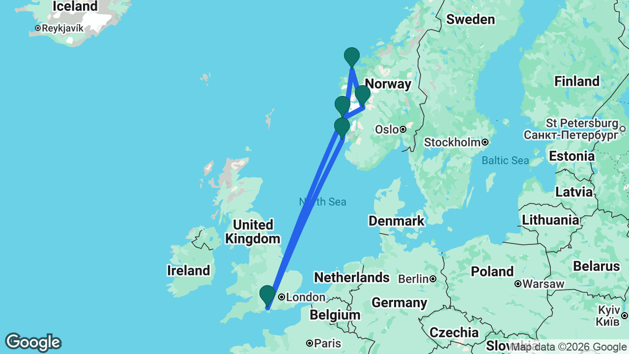 Route map: Southampton -> Haugesund -> Ålesund -> Flåm -> Bergen -> Southampton