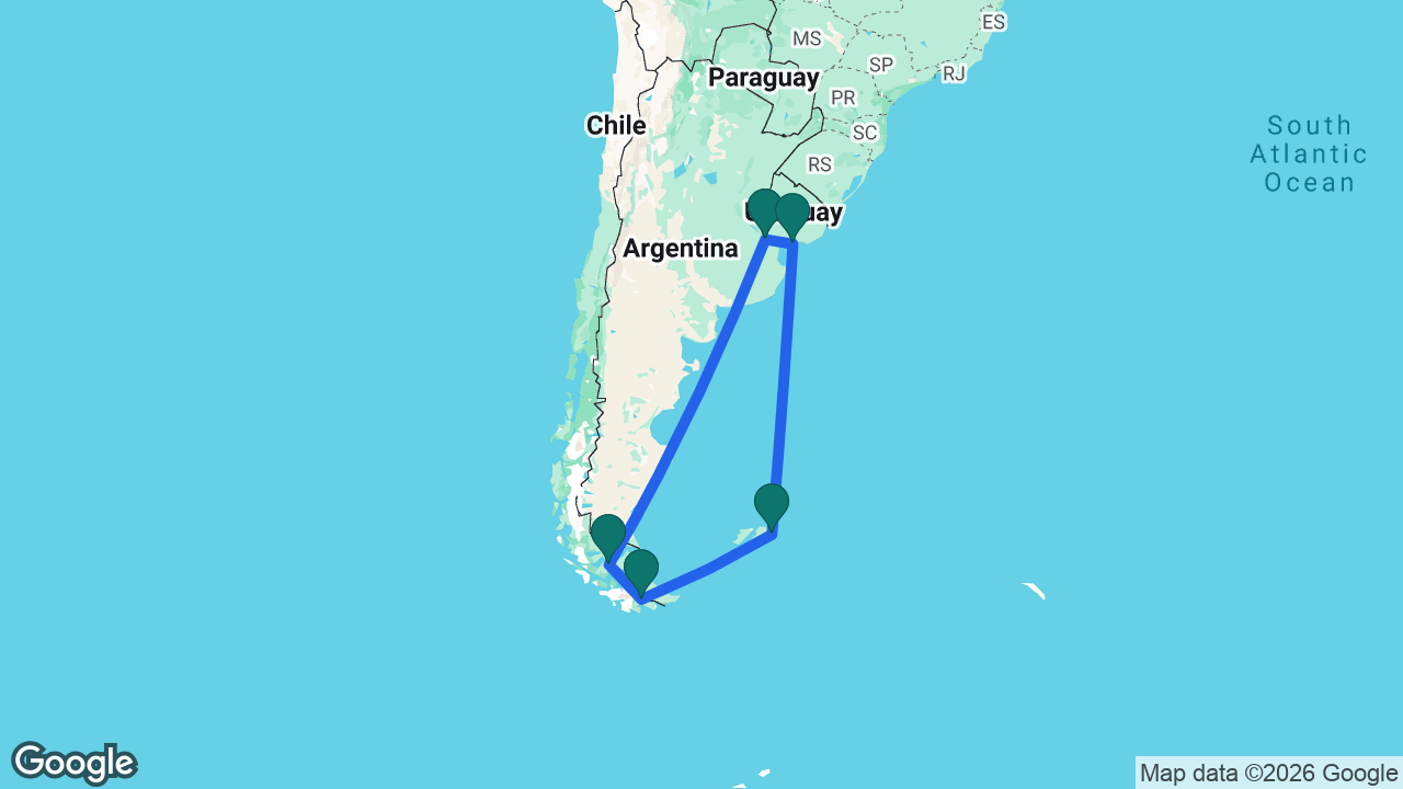 Route map: Buenos Aires -> Punta Arenas -> Ushuaia -> Port Stanley -> Montevideo -> Buenos Aires