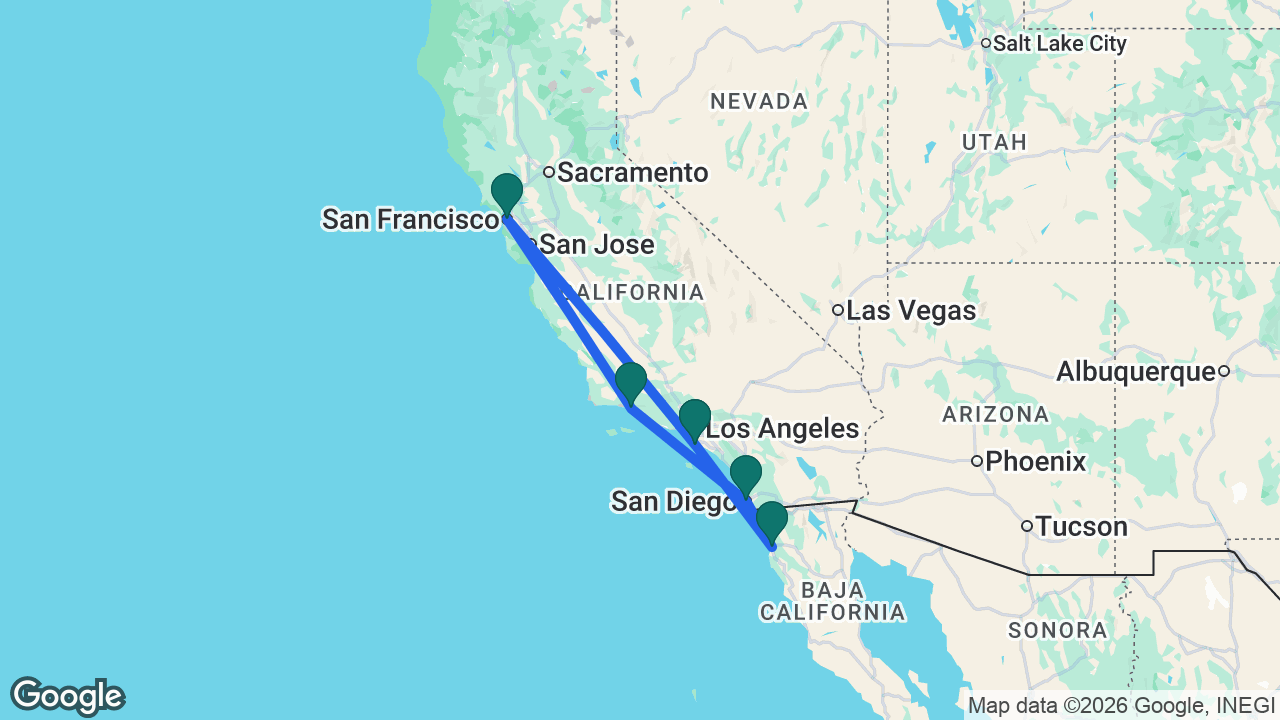 Route map: Los Angeles -> San Francisco -> Santa Barbara -> San Diego -> Ensenada -> Los Angeles