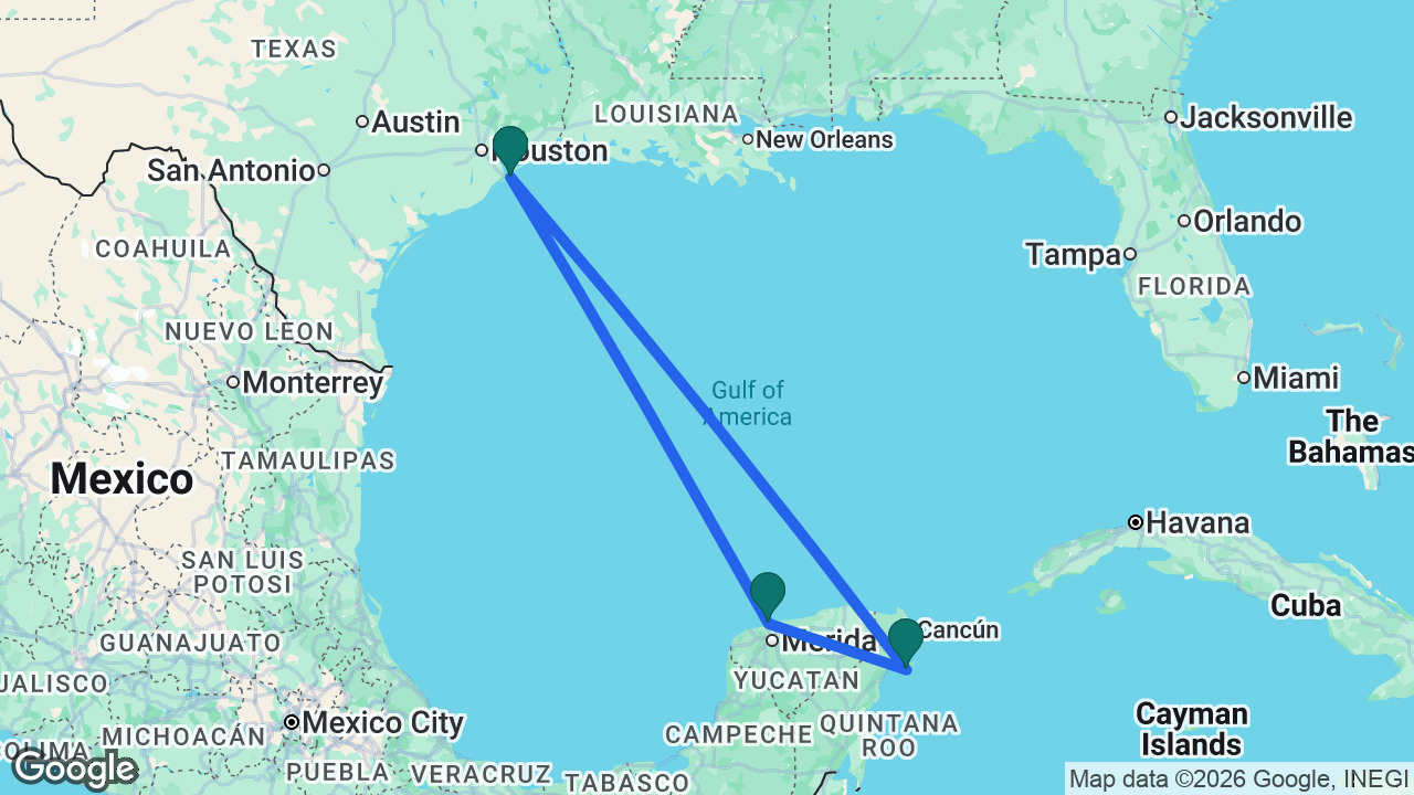 Route map: Galveston -> Cozumel -> Progreso -> Galveston