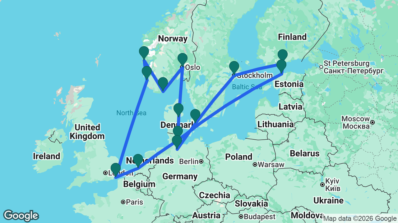 Route map: Dover -> Rotterdam -> Kiel -> Tallinn -> Helsinki -> Stockholm -> Copenhagen -> Hamburg -> Aarhus -> Oslo -> Kristiansand -> Bergen -> Stavanger -> Dover