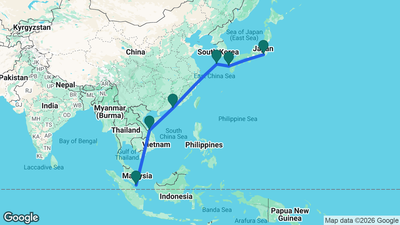 Route map: Tokyo -> Nagasaki -> Jeju -> Hong Kong -> Chan May -> Singapore