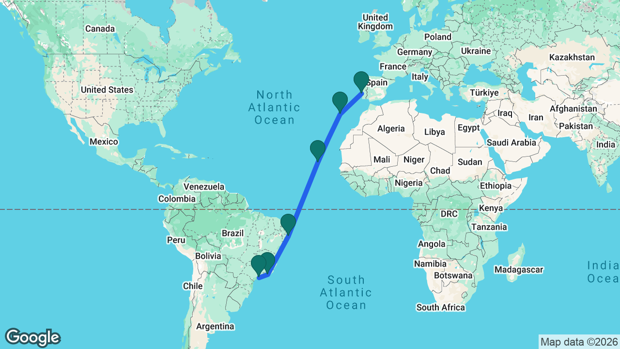 Route map: Santos -> Rio -> Maceió -> Mindelo -> Madeira -> Lisbon