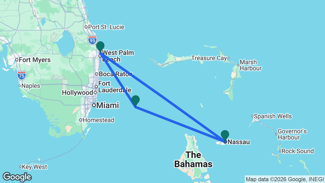 Route map: Palm Beach -> Nassau -> Bimini -> Palm Beach