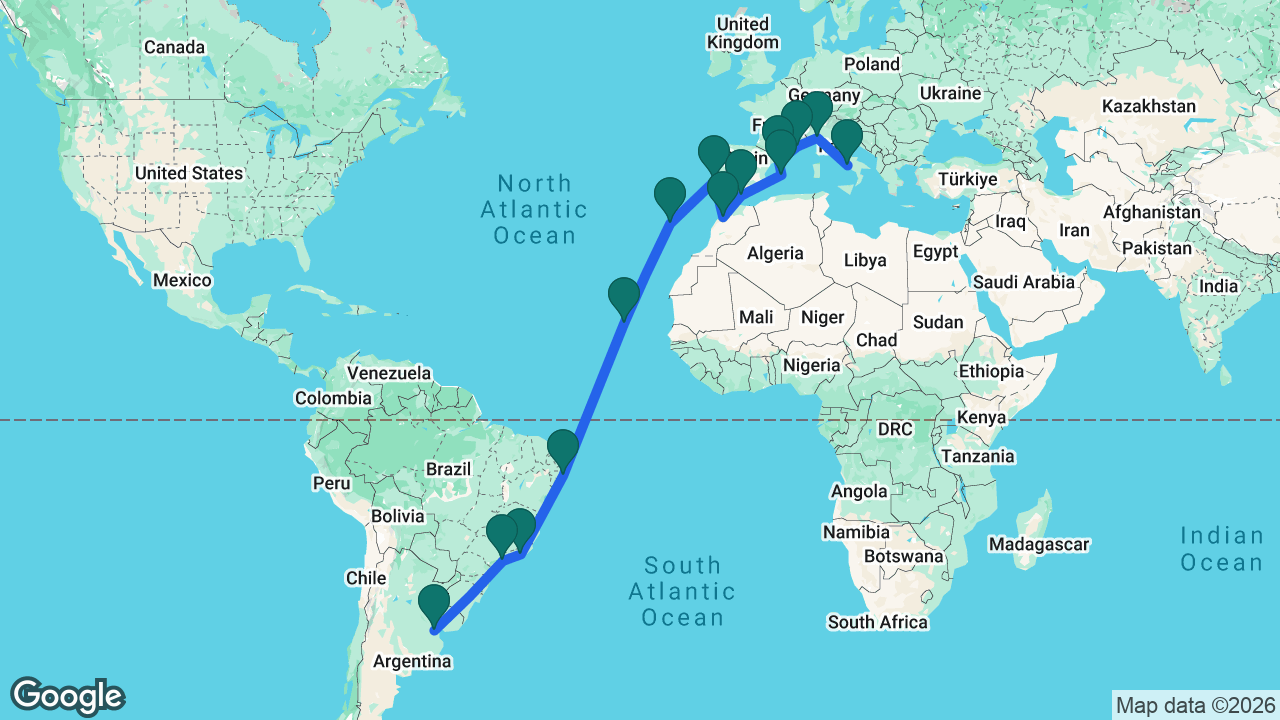 Route map: Buenos Aires -> Santos -> Rio -> Maceió -> Mindelo -> Madeira -> Lisbon -> Casablanca -> Málaga -> Mallorca -> Barcelona -> Marseille -> Genoa -> Naples